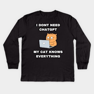 Cat GPT Working Ai Cat, Funny Smart Cat Using Computer Design for Cat Lovers and ChatGPT Fans Kids Long Sleeve T-Shirt